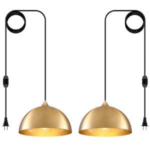 Plug in Hanging Light 2 Packs 11.8inch, Gold Hang Lamp Plug in, Farmhouse Pendant Light, Pendant Lights Kitchen Island, Hanging Lights with Plug in Cord 14.ft