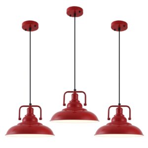 Red Farmhouse Pendant Lights 3 Packs, Metal Pendant Lights Kitchen Island, Industrial Pendant Light, Hanging Island Pendant Light, Barn Light for Kitchen, Living Room, Bedroom, Hallway