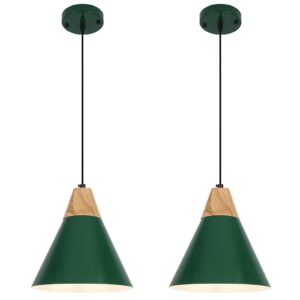 Farmhouse Pendant Light, 9.4inch, 2 Packs- Green Industrial Kitchen Pendant Lights, Pendant Lights Kitchen Island, Pendant Light for Bedroom, Office, Kichen Sink, Library