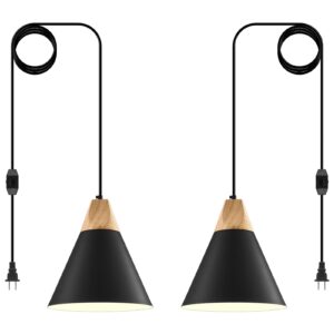 Black Plug in Pendant Light 11.8ines, 14.7ft, 2 Packs -Farmhouse Pendant Light, Industrial Kitchen Pendant Lights, Hanging Pendant with Plug in Cord for Kitchen Island, Office, Desk, Bedroom
