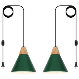 Green Plug in Pendant Light, 2 Pack 9.4inch Hanging Lights with Plug in Cord 14.7 ft, Hanging Pendant Light, Hanging Lamp Plug in for Bedroom Living Room Kitchen Island