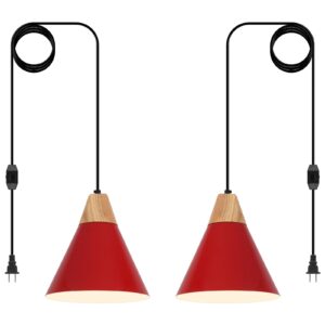 Red Plug in Pendant Light, 2 Pack 9.4inch Hanging Lights with Plug in Cord 14.7 ft, Hanging Pendant Light, Hanging Lamp Plug in for Bedroom Living Room Kitchen Island
