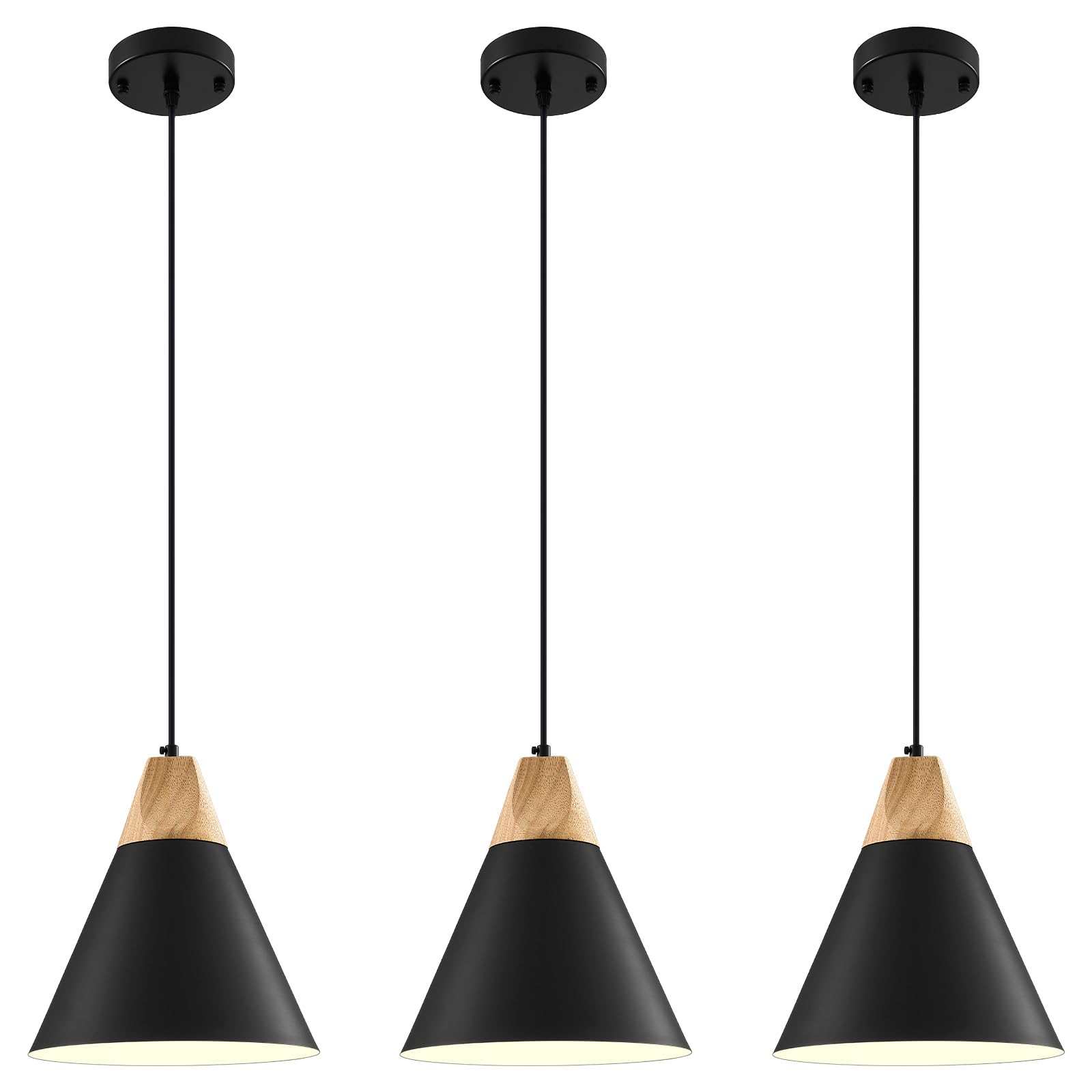 Black Pendant Light 3 Packs,9.4inches- Farmhouse Pendant Light, Kitchen Pendant Lights, Industrial Pendant Lighting, Kitchen Pendant Lights for Office, Bedroom, Living Room, Kitchen Island