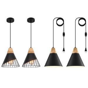 Black Pendant Light, 2 Packs 9.4inch Farmhouse Pendant Light, Kitchen Pendant Light, Industrial Pendant Light, Black Pendant Lights Kitchen Island for Kitchen, Bar, Bedroom