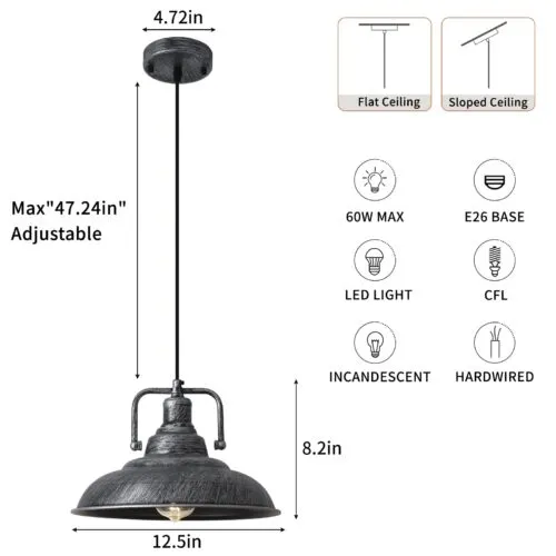 Black and Silver Farmhouse Pendant Light 12.5 Inch 3-Pack