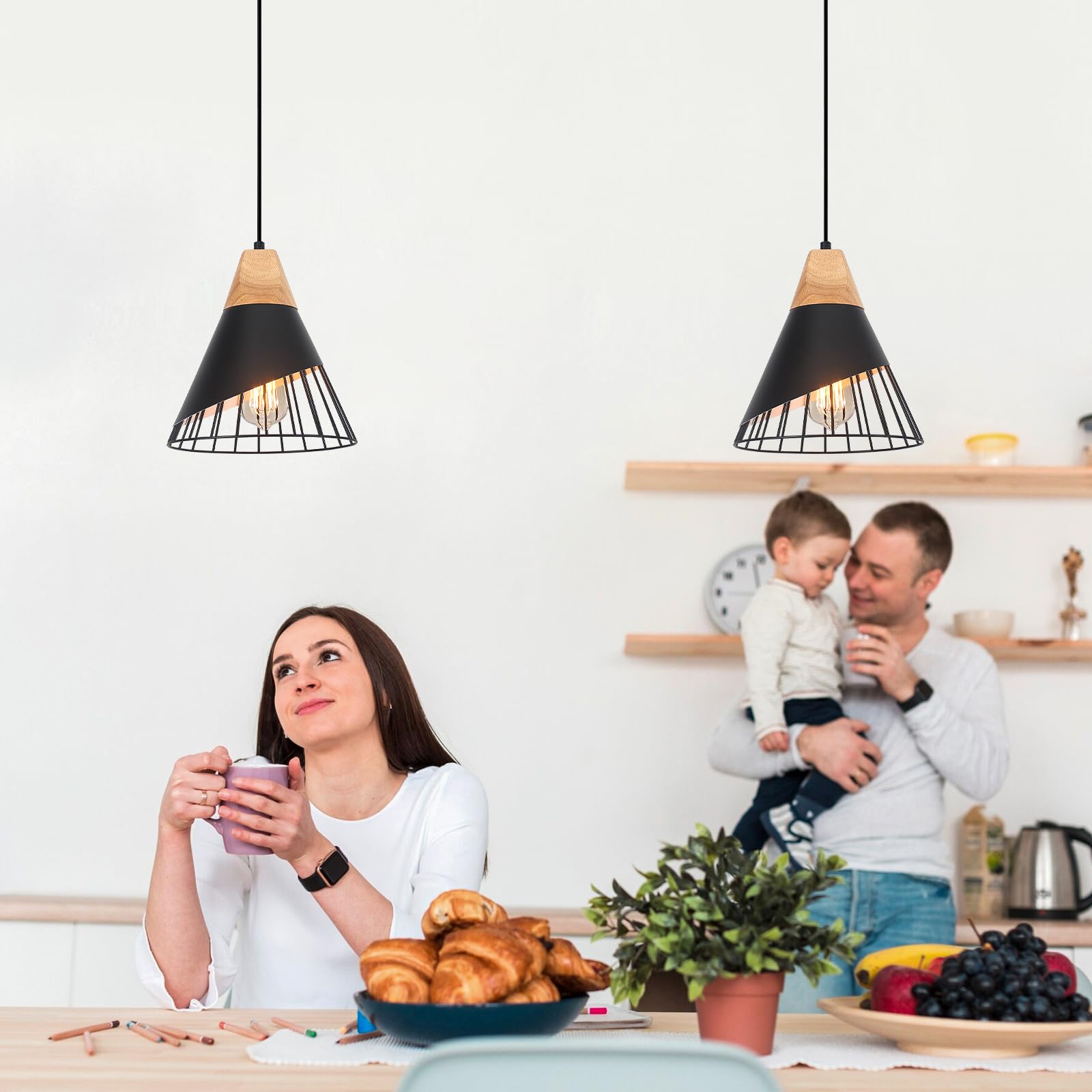 Black Pendant Light, 2 Packs 9.4inch Modern Pendant Lights, Farmhouse Pendant Light, Kitchen Pendant Lighting, Black Pendant Lights Kitchen Island for Living Room, Bar, Bedroom, Office - Image 2