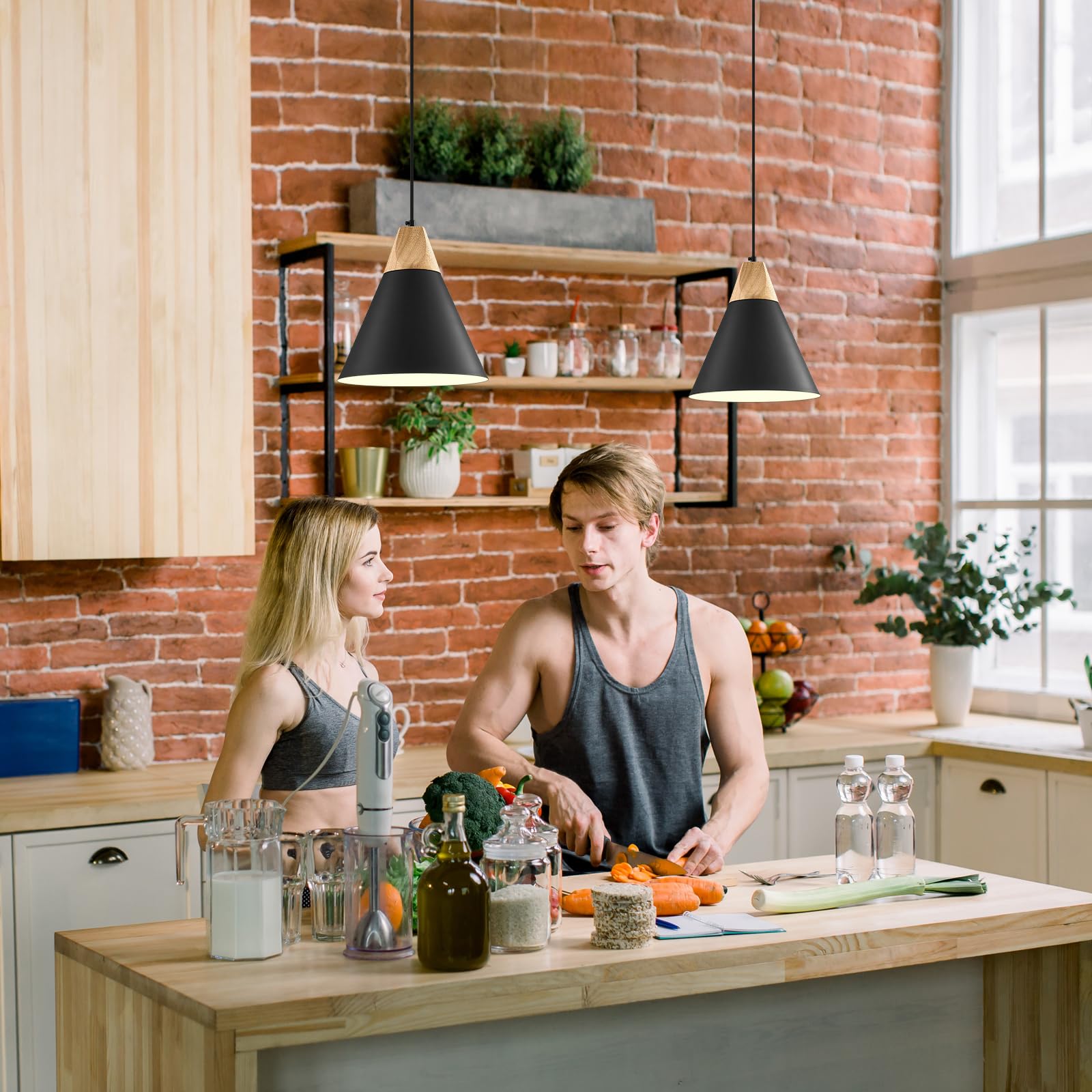 Black Plug in Pendant Light 11.8ines, 14.7ft, 2 Packs -Farmhouse Pendant Light, Industrial Kitchen Pendant Lights, Hanging Pendant with Plug in Cord for Kitchen Island, Office, Desk, Bedroom - Image 2