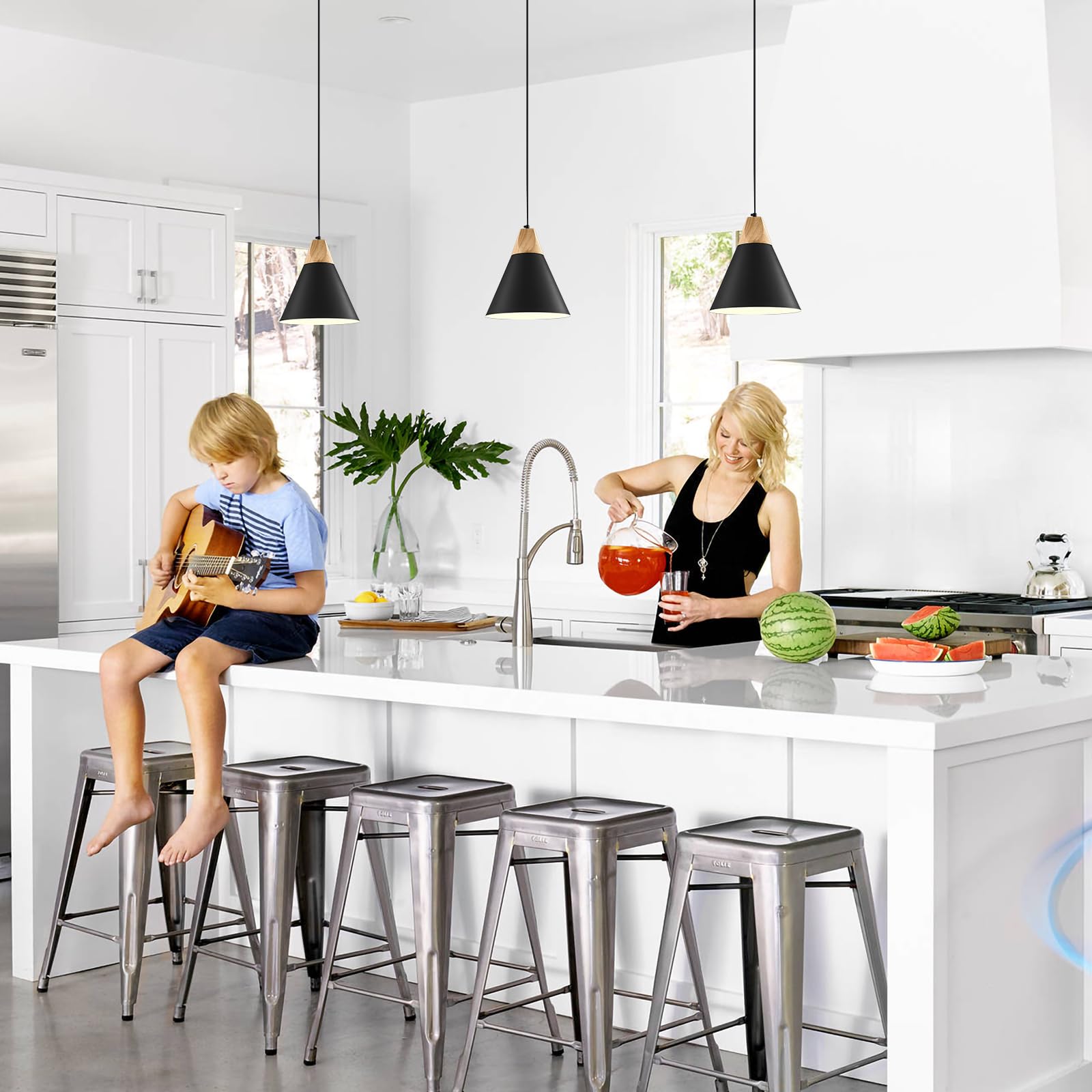 Black Pendant Light 3 Packs,9.4inches- Farmhouse Pendant Light, Kitchen Pendant Lights, Industrial Pendant Lighting, Kitchen Pendant Lights for Office, Bedroom, Living Room, Kitchen Island - Image 2