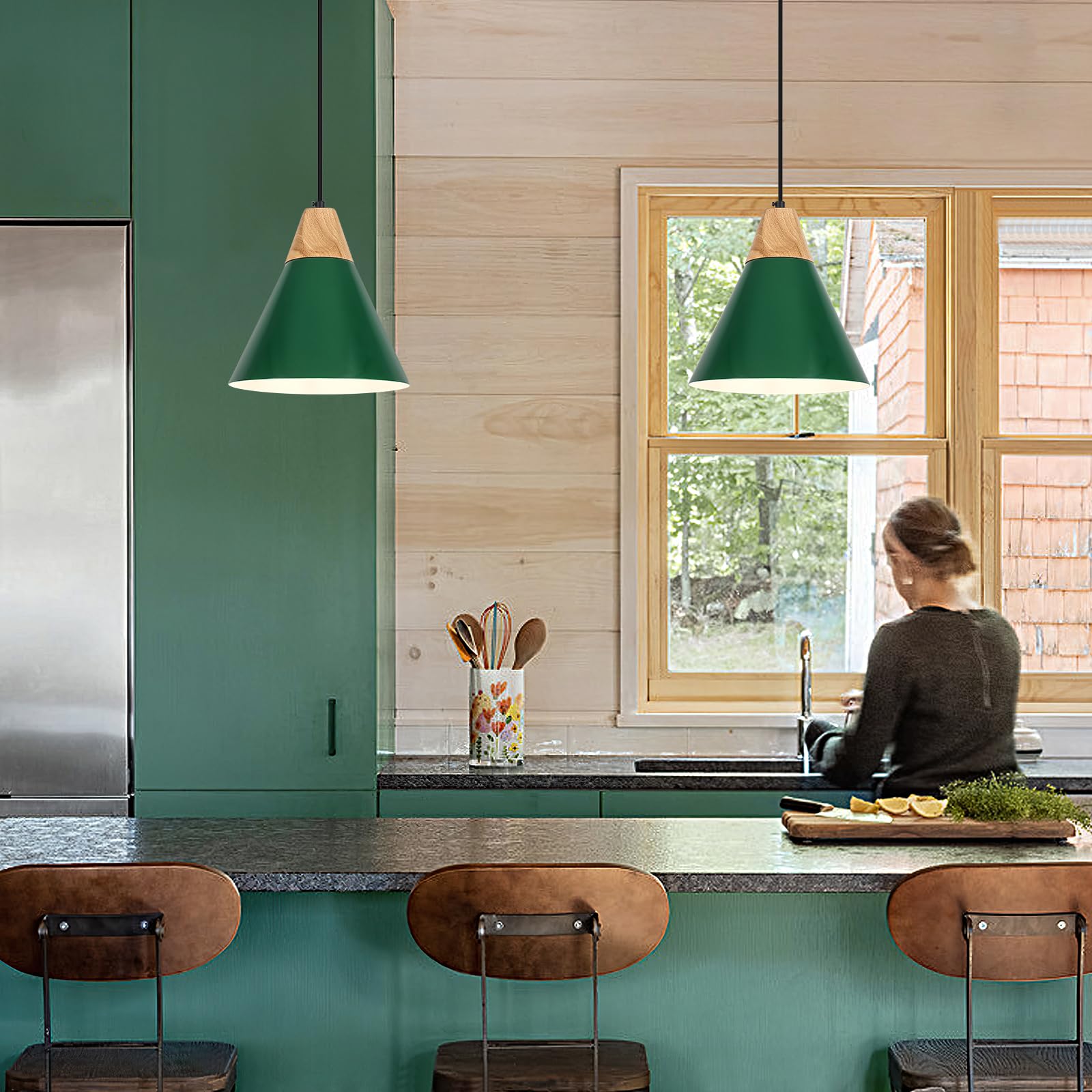 Farmhouse Pendant Light, Green Pendant Light 2 Packs 9.4inch, Kitchen Pendant Light, Industrial Pendant Light, Farmhouse Pendant Lights Kitchen Island for Kitchen, Bedroom, Bar - Image 2