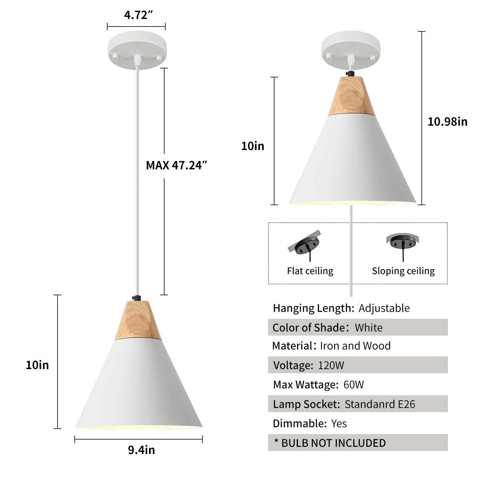 White Farmhouse Pendant Light, White Pendant Light 2 Packs 9.4inch, Kitchen Pendant Lights, Industrial Pendant Light, Farmhouse Pendant Lights Kitchen Island for Kitchen, Bedroom, Bar - Image 2