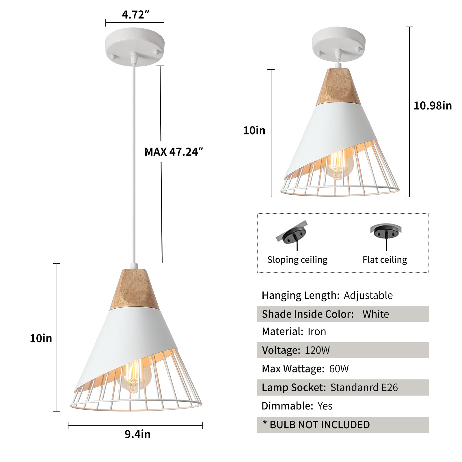 2 Pack 9.4inch White Farmhouse Modern Pendant Light, Kitchen, Bedroom, Living Room, Dining Room - Image 2