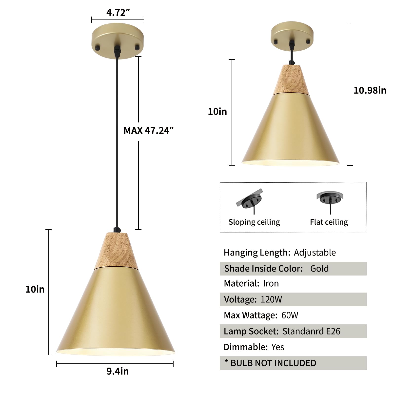 Farmhouse Pendant Light 2 Packs,9.4inches- Gold Pendant Lighting, Industrial Pendant Light, Kitchen Pendant Lights for Office, Bedroom, Living Room, Kitchen Island - Image 3