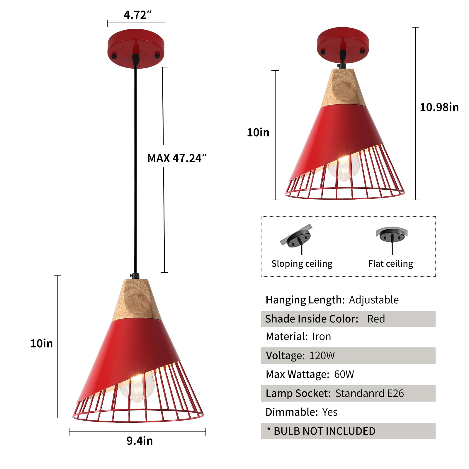 Red Pendant Light, Farmhouse Pendant Light, Kitchen Pendant Light, Industrial Pendant Light, Black Pendant Lights Kitchen Island for Kitchen, Bar, Bedroom - Image 3