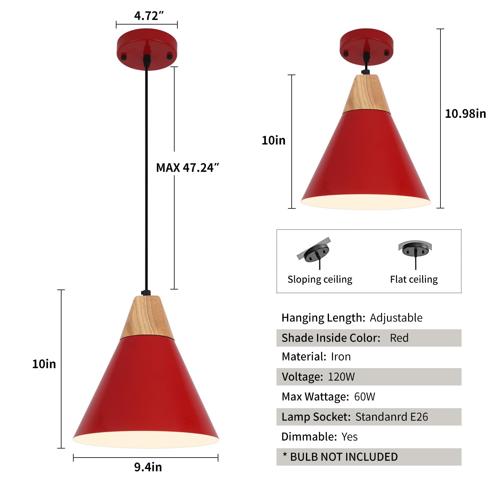 Red Pendant Light, Kitchen Pendant Light, Farmhouse Pendant Light, Industrial Pedant Light, Black Pendant Lights Kitchen Island for Kitchen, Bar, Bedroom - Image 3