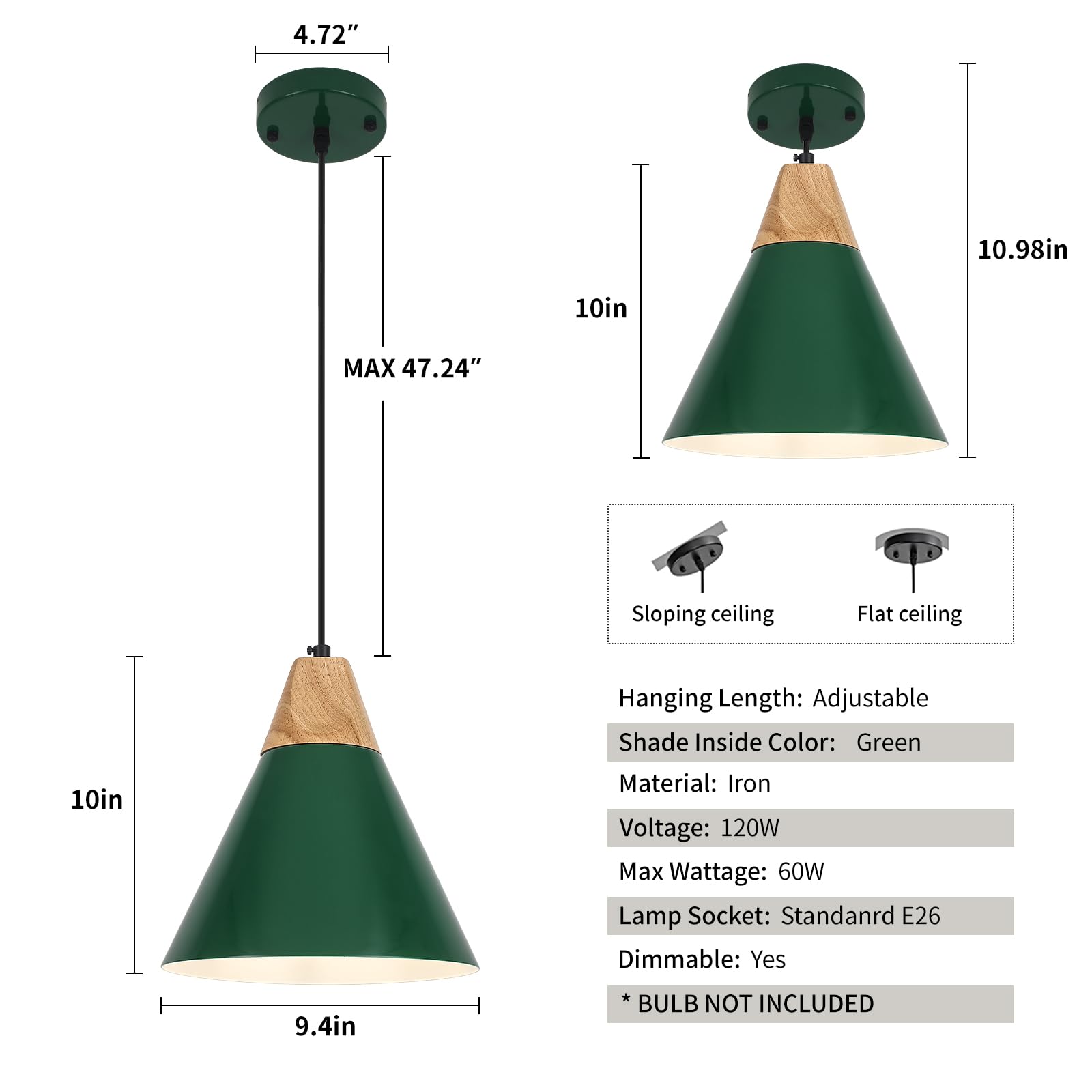 Green Pendant Light; Kitchen Pendant Light, Farmhouse Pendant Light, Industrial Pedant Light, Black Pendant Lights Kitchen Island for Kitchen, Bar, Bedroom - Image 3
