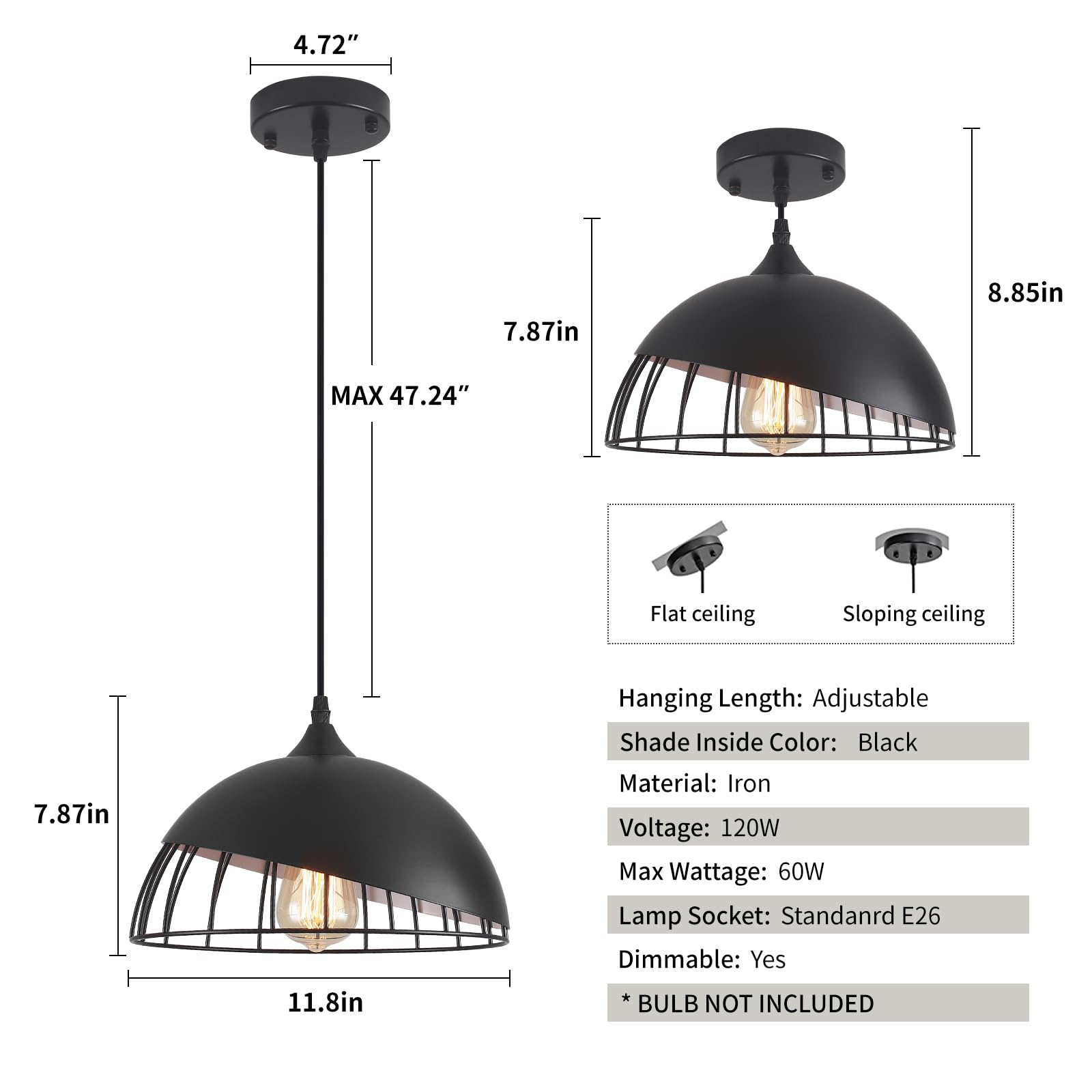 Black Pendant Light, 2 Packs 11.8inch Farmhouse Pendant Light, Modern Pendant Lights, Pendant Lights Kitchen Island for Living Room, Bar, Bedroom, Office - Image 7