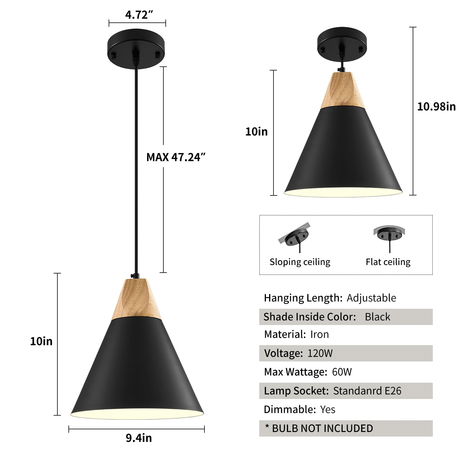 Black Pendant Light 3 Packs,9.4inches- Farmhouse Pendant Light, Kitchen Pendant Lights, Industrial Pendant Lighting, Kitchen Pendant Lights for Office, Bedroom, Living Room, Kitchen Island - Image 6