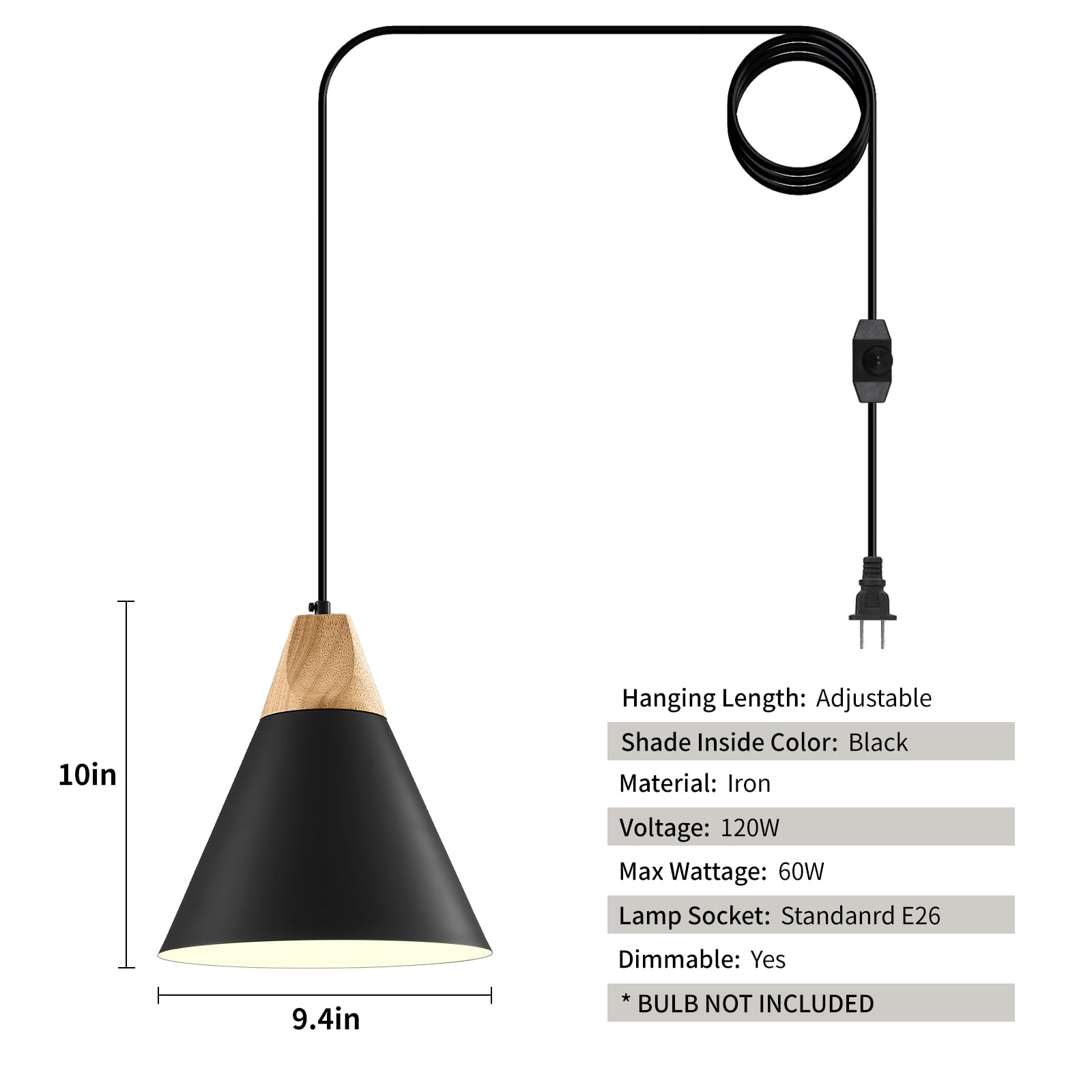 Black Plug in Pendant Light 11.8ines, 14.7ft, 2 Packs -Farmhouse Pendant Light, Industrial Kitchen Pendant Lights, Hanging Pendant with Plug in Cord for Kitchen Island, Office, Desk, Bedroom - Image 7