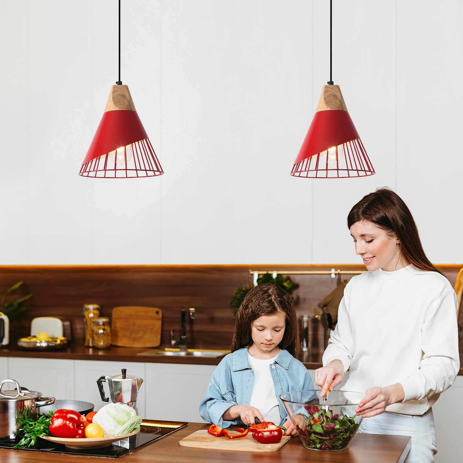 Farmhouse Pendant Light 9.4ines, 2 Packs- Red Industrial Kitchen Pendant Lights for Kitchen Island, Bar, Bedroom, Office, Library - Image 2