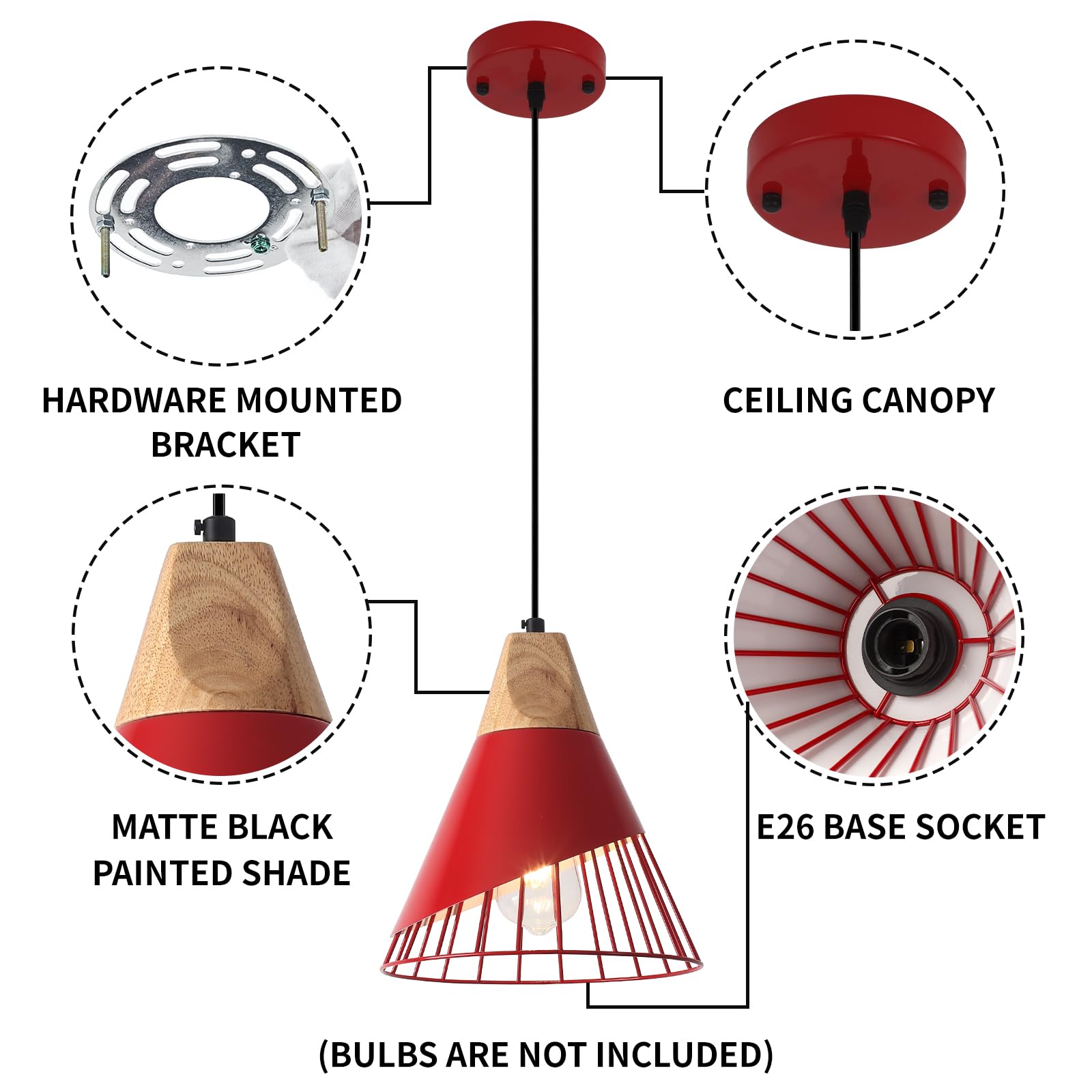 Farmhouse Pendant Light 9.4ines, 2 Packs- Red Industrial Kitchen Pendant Lights for Kitchen Island, Bar, Bedroom, Office, Library - Image 7