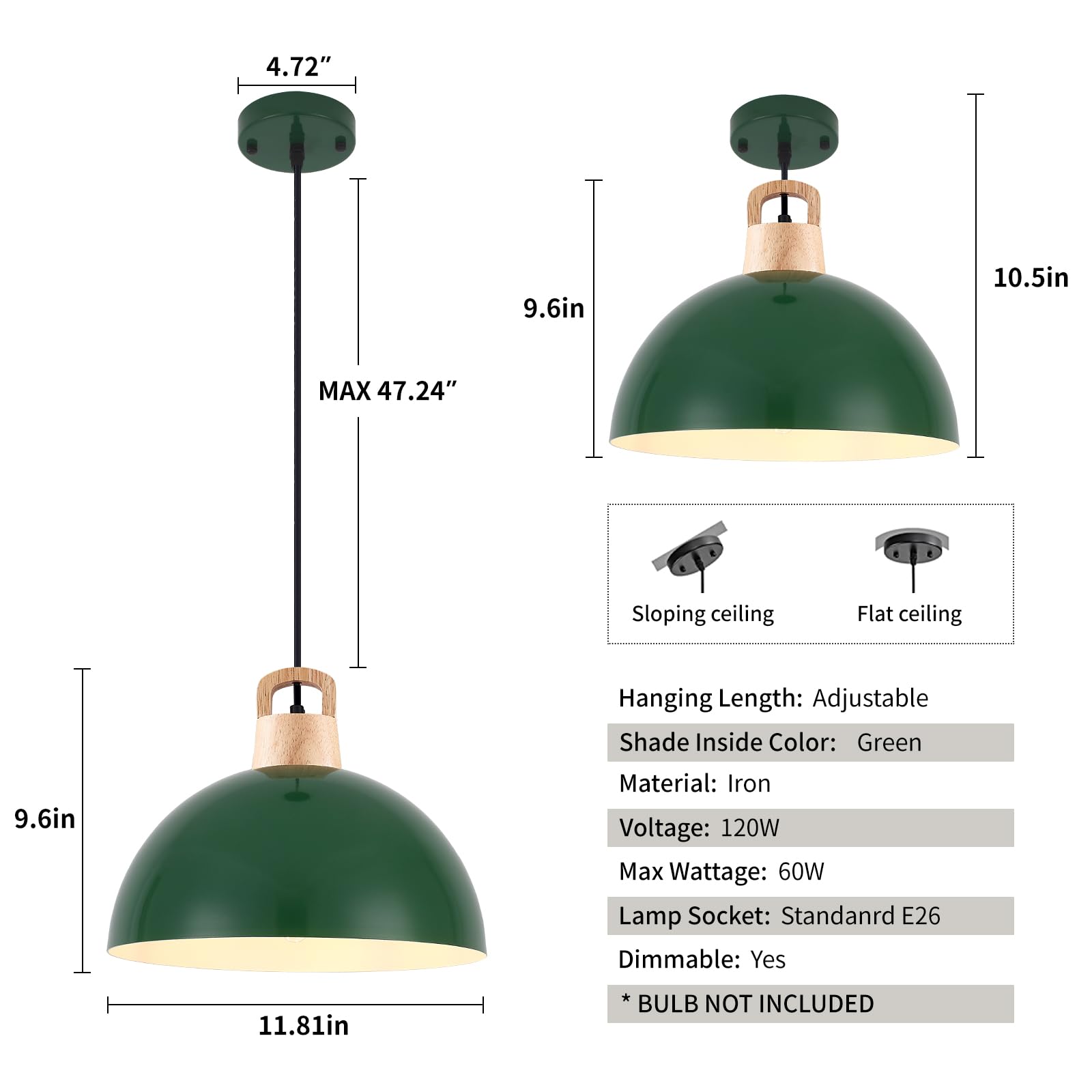 Farmhouse Pendant Light, Green Pendant Light 2 Packs 9.4inch, Kitchen Pendant Light, Industrial Pendant Light, Farmhouse Pendant Lights Kitchen Island for Kitchen, Bedroom, Bar - Image 8