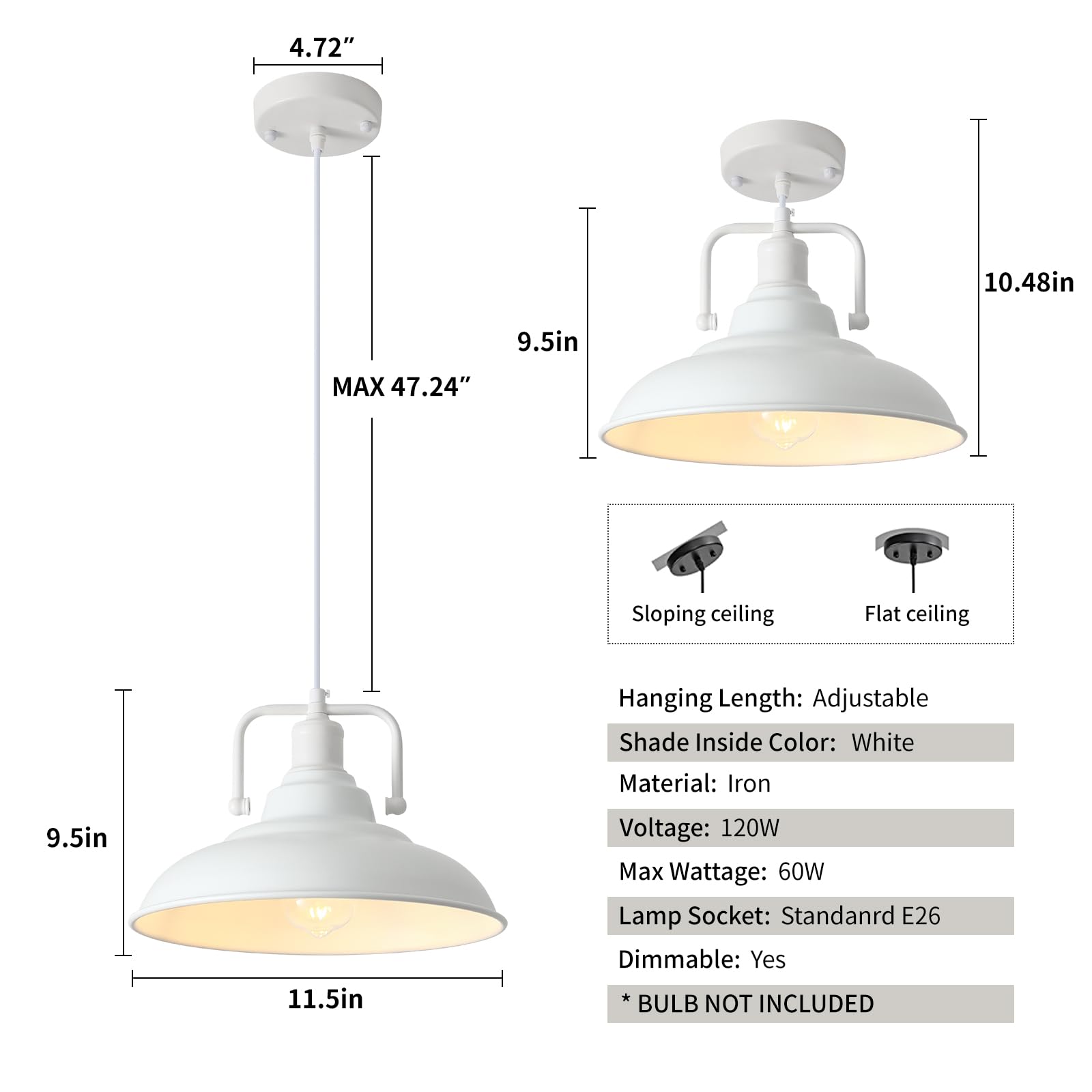 White Pendant Light, Kitchen Pendant Light, Farmhouse Pendant Light, Industrial Pedant Light, Black Pendant Lights Kitchen Island for Kitchen, Bar, Bedroom - Image 8