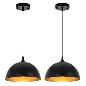 Farmhouse Pendant Lighting for Kitchen Island,Black and Gold Dome Pendant Light Fixtures, Industrial Hanging Ceiling Light for Dining Room Foyer Cafe Kitchen Sink,2 Pack
