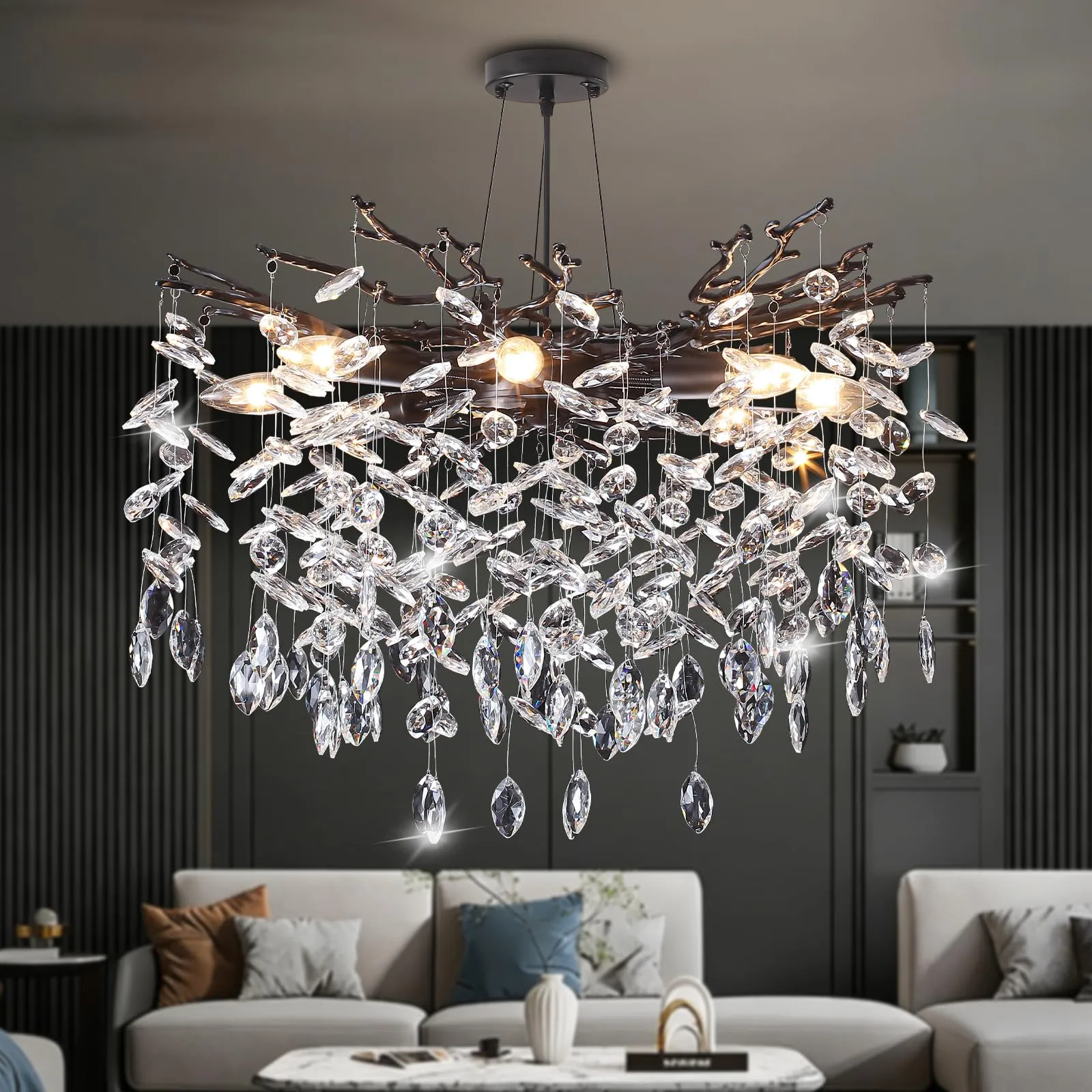 Black Tree Branch Crystal Chandelier 8-Light