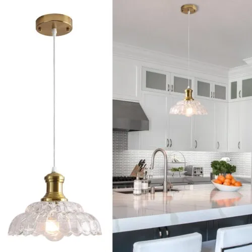 Gold Antique Pendant Light with Flower Glass Shade