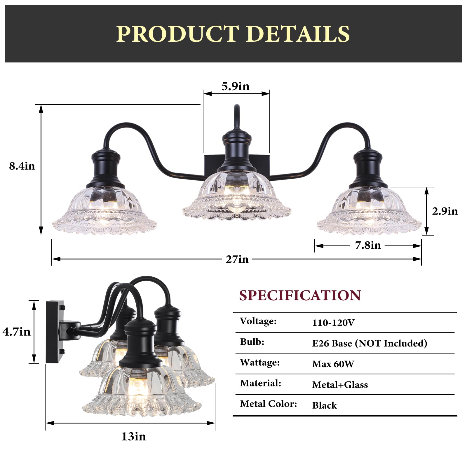 Vintage 3-Light Matte Black Vanity Light with Flower Glass Shade - Image 8