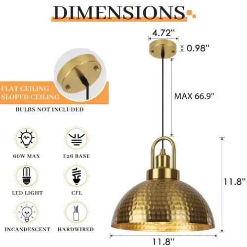 Gold Hammered Pendant Light 11.8