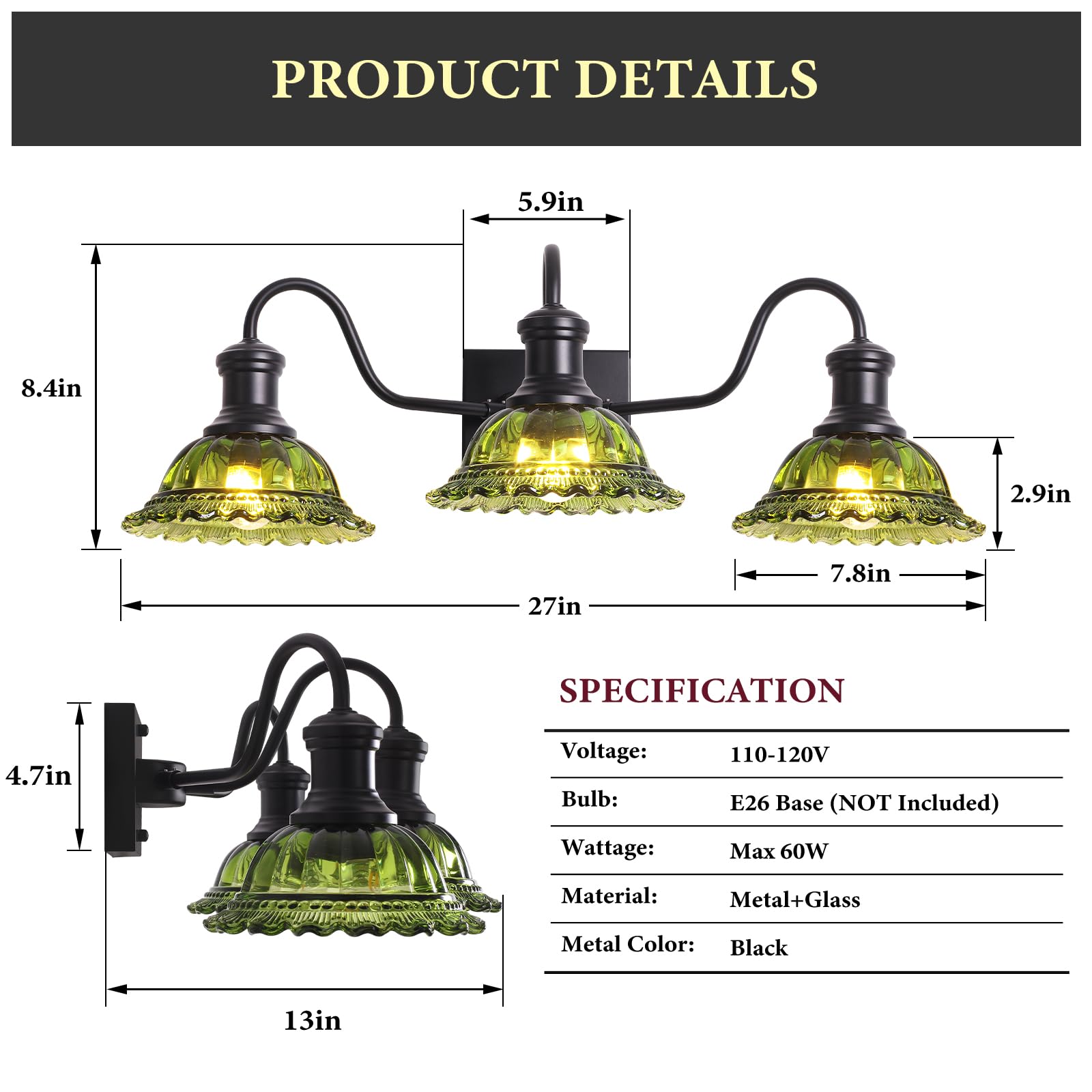 Vintage 3-Light Black Bathroom Light with Green Glass Shade - Image 7