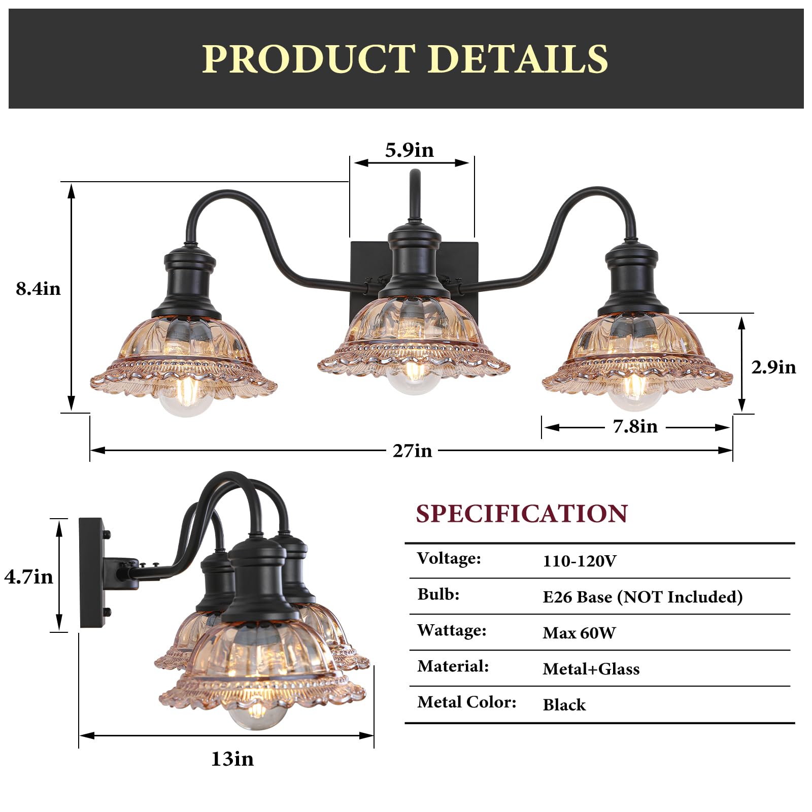 Farmhouse 3-Light Black Bathroom Light with Amber Glass Shade - Image 3