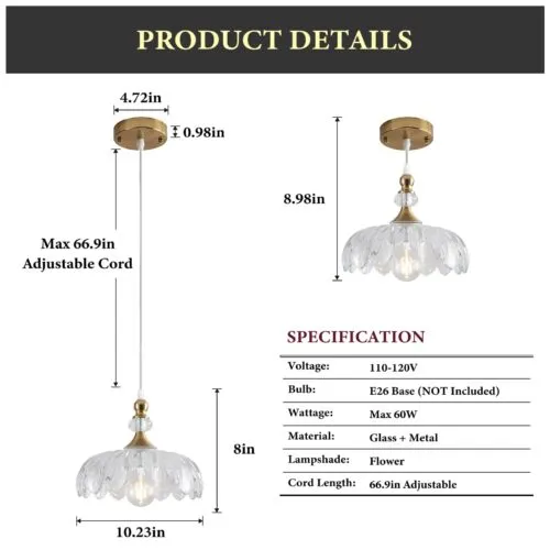 Gold Vintage Pendant Light with Flower Glass Shade