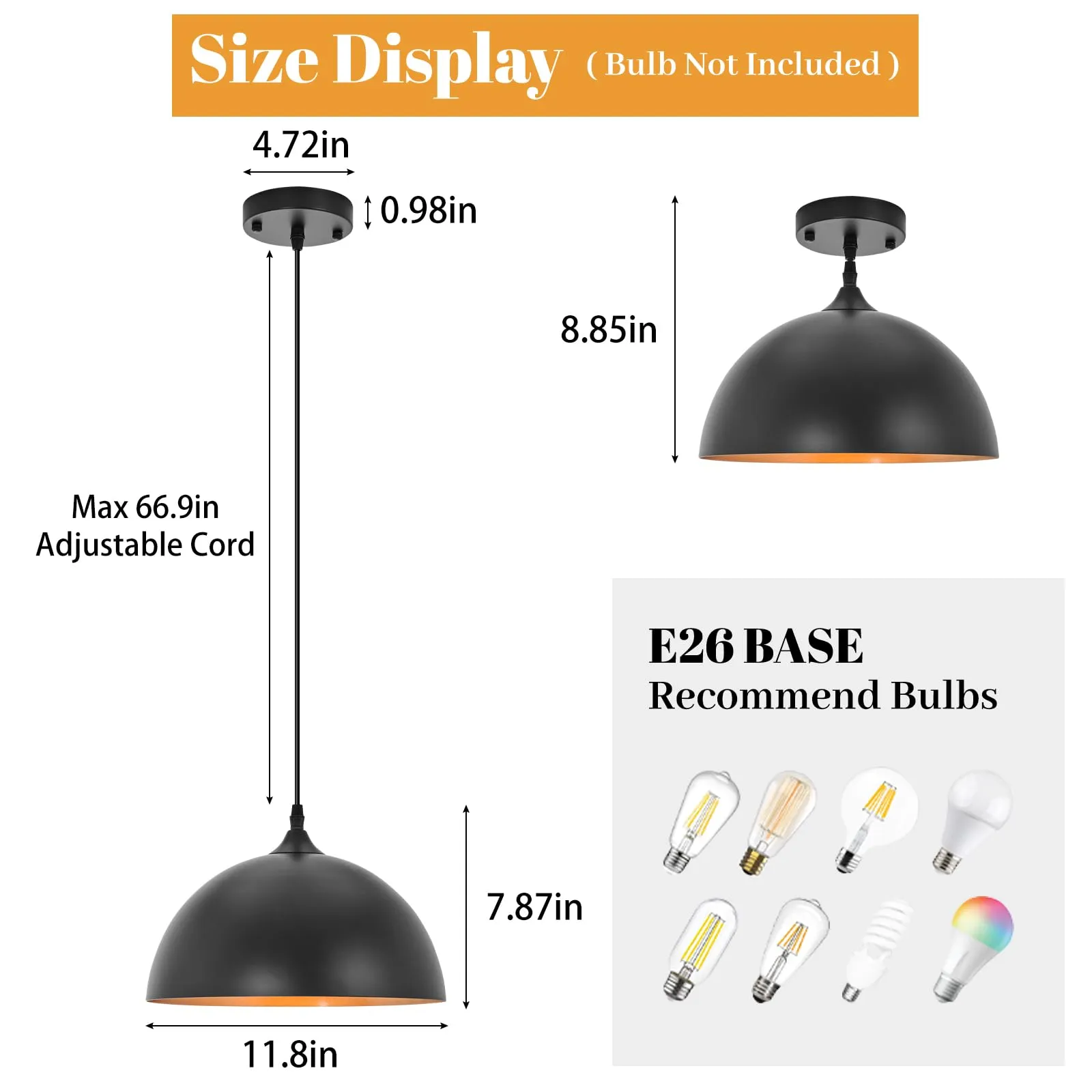 11.8" Black Dome Industrial Vintage Pendant Light 3-Pack - Image 6