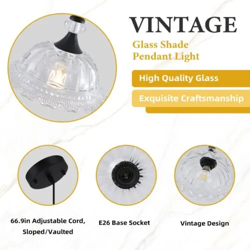 Matte Black Vintage Pendant Light with Glass Shade