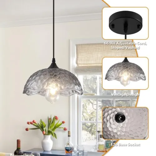 Gray Vintage Pendant Light with Glass Shade