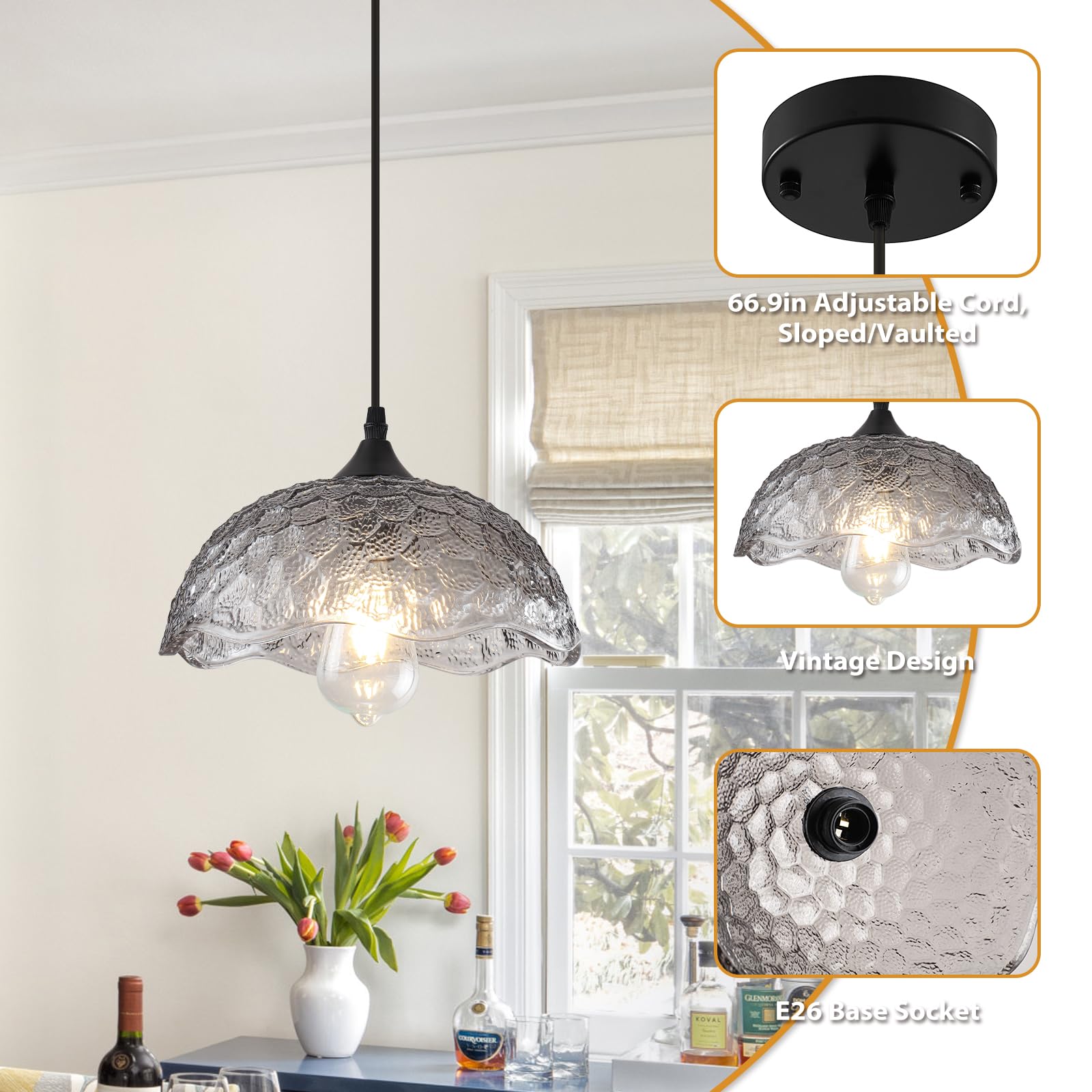 Gray Vintage Pendant Light with Glass Shade - Image 2