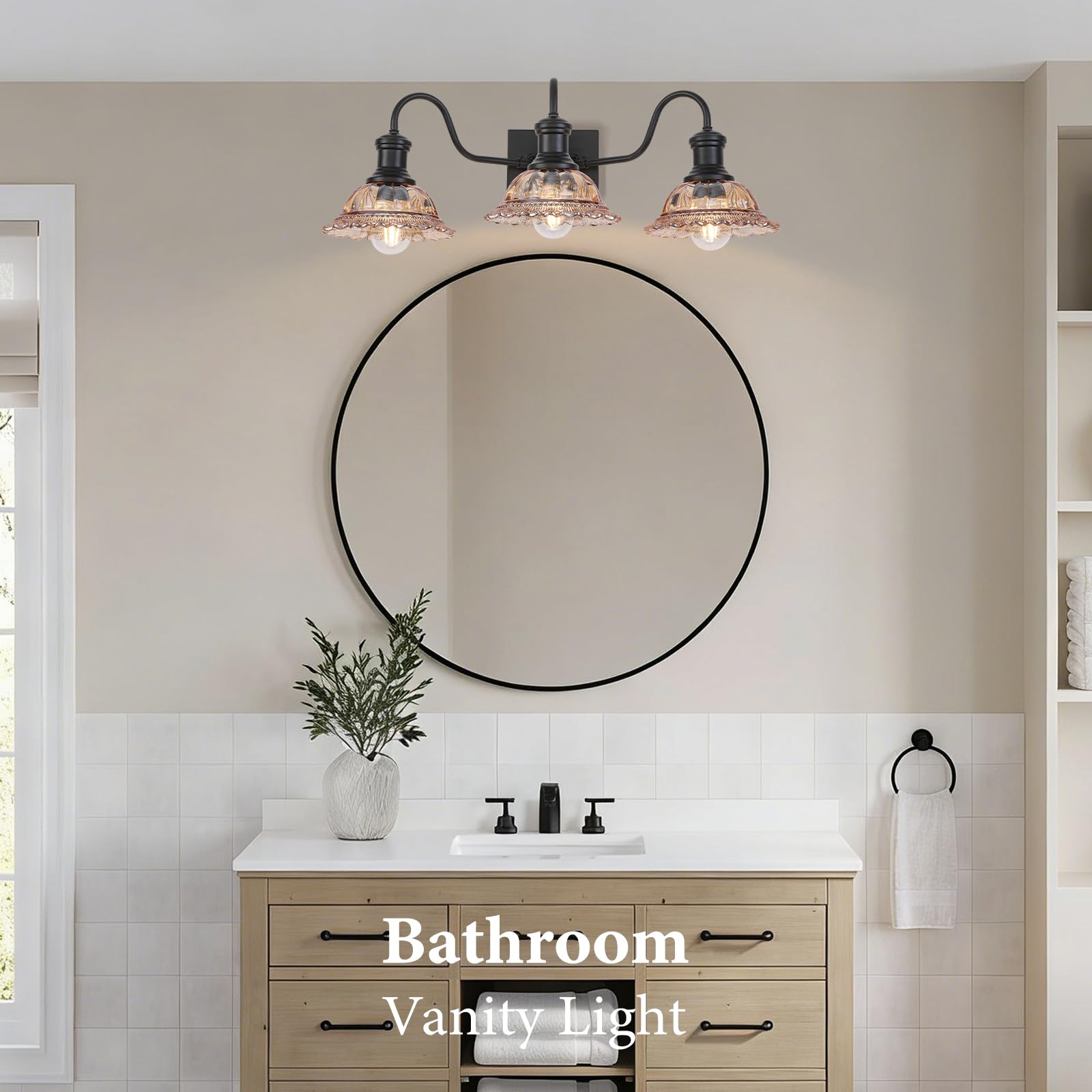 Farmhouse 3-Light Black Bathroom Light with Amber Glass Shade - Image 2