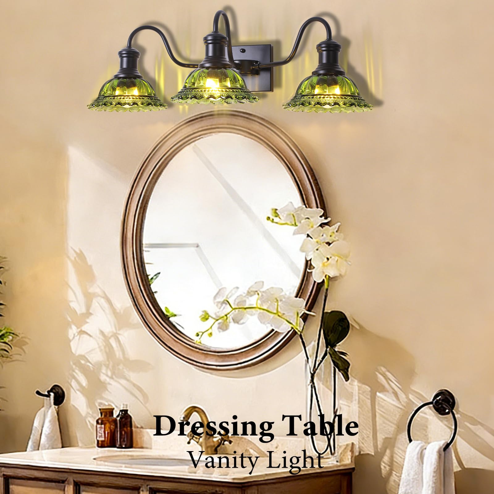 Vintage 3-Light Black Bathroom Light with Green Glass Shade - Image 5