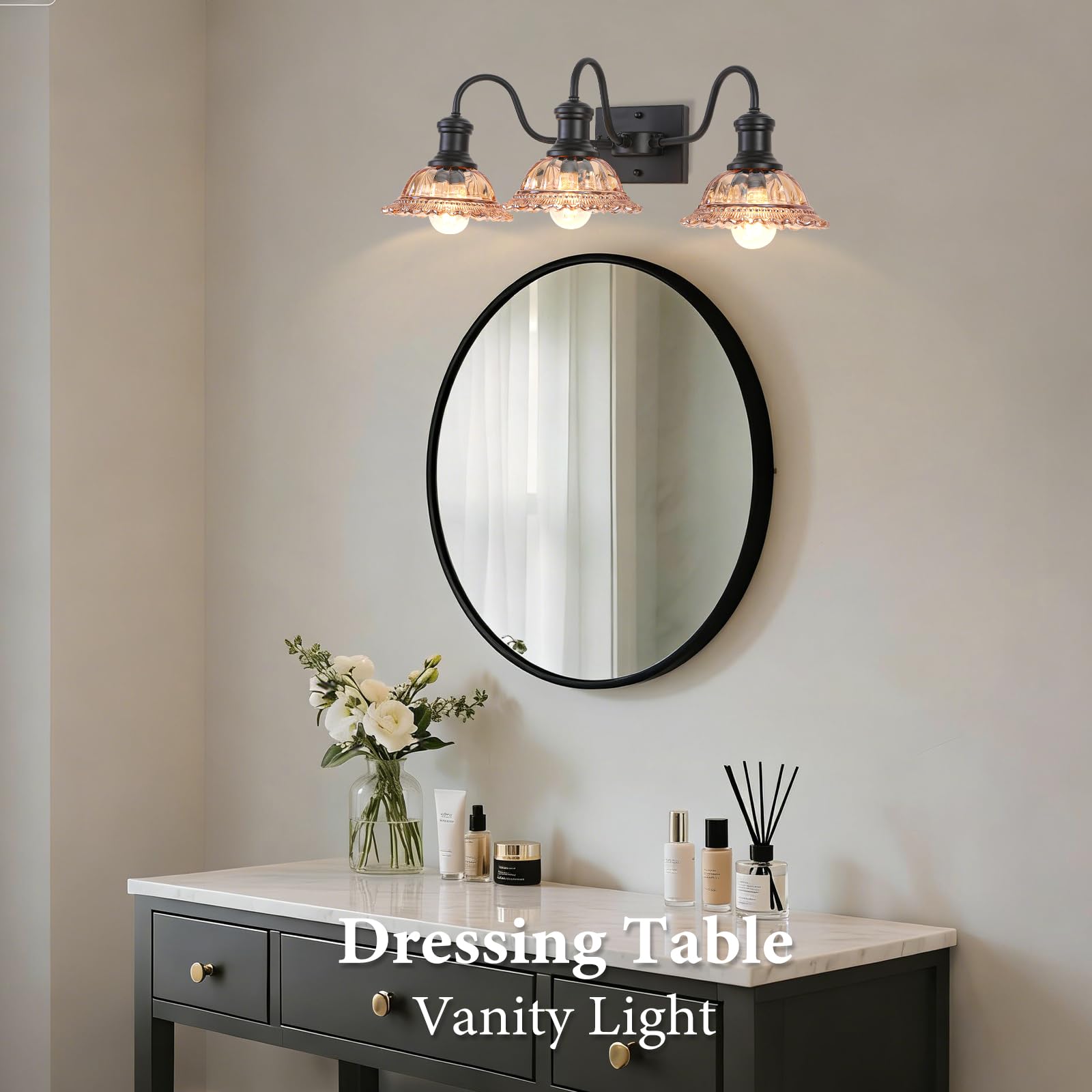Farmhouse 3-Light Black Bathroom Light with Amber Glass Shade - Image 8