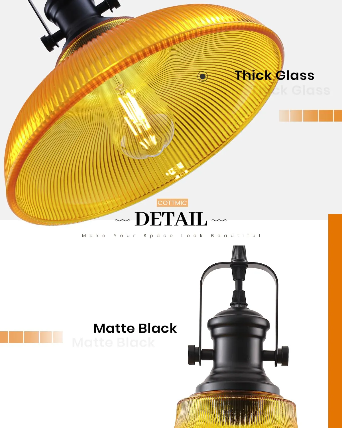 12" Orange Ribbed Glass Farmhouse Pendant Light 2-Pack - Image 4