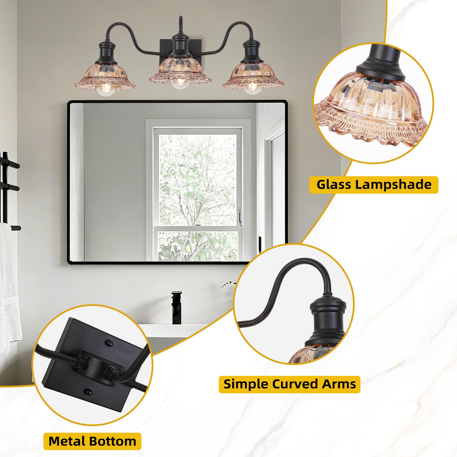 Farmhouse 3-Light Black Bathroom Light with Amber Glass Shade - Image 7