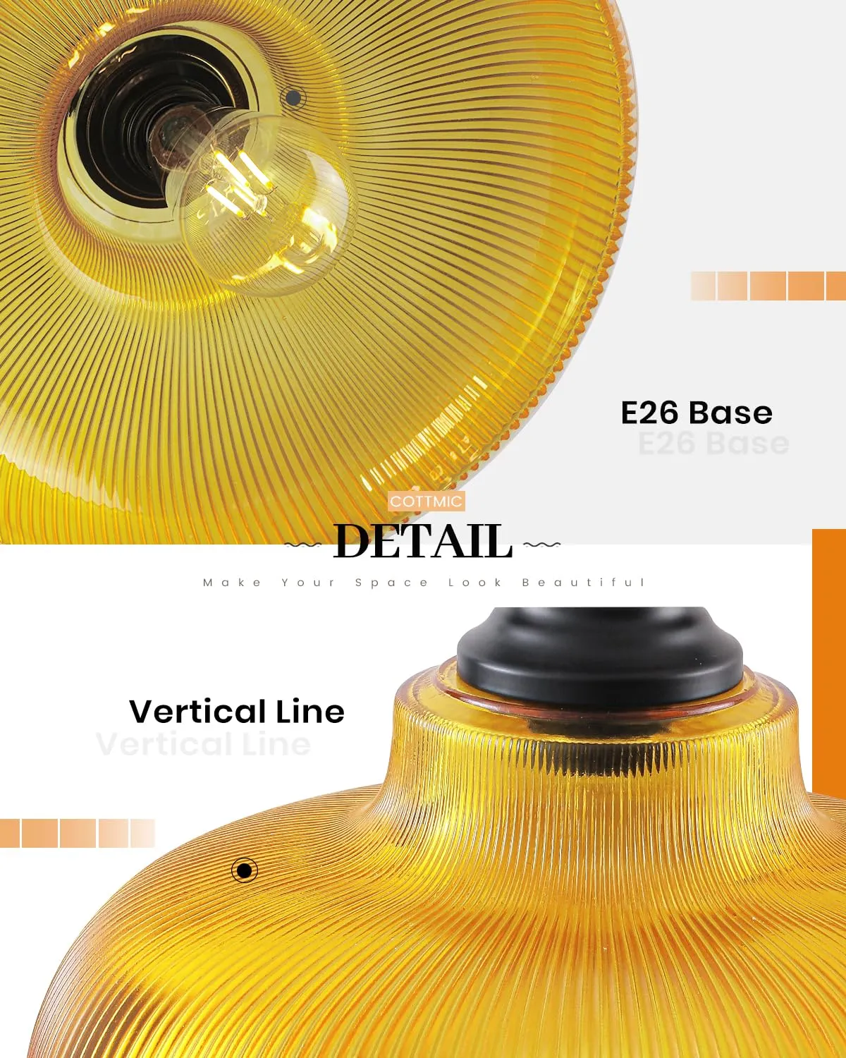 12" Orange Ribbed Glass Farmhouse Pendant Light 2-Pack - Image 3
