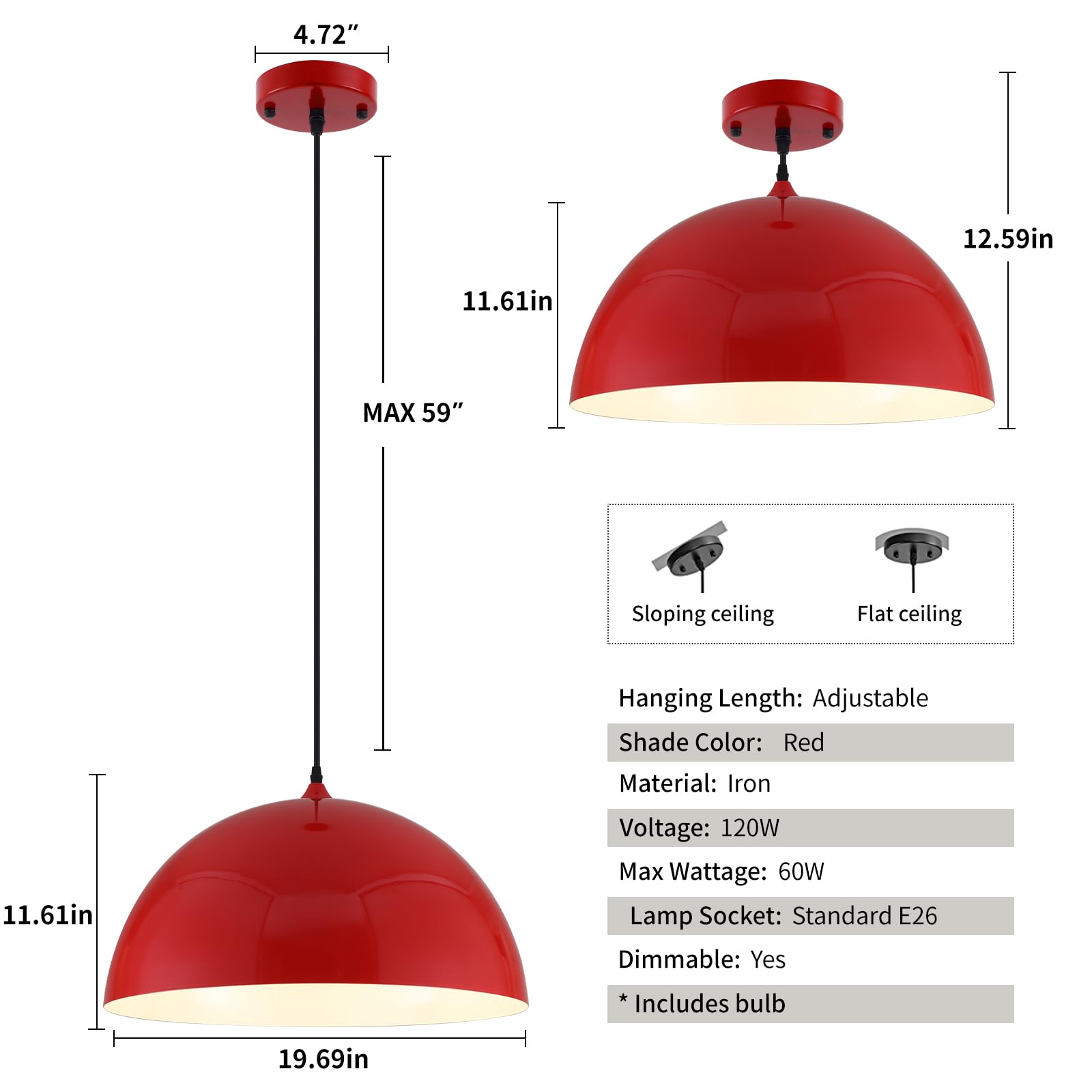 19.7" Red Oversized Farmhouse Pendant Light 2-Pack - Image 5