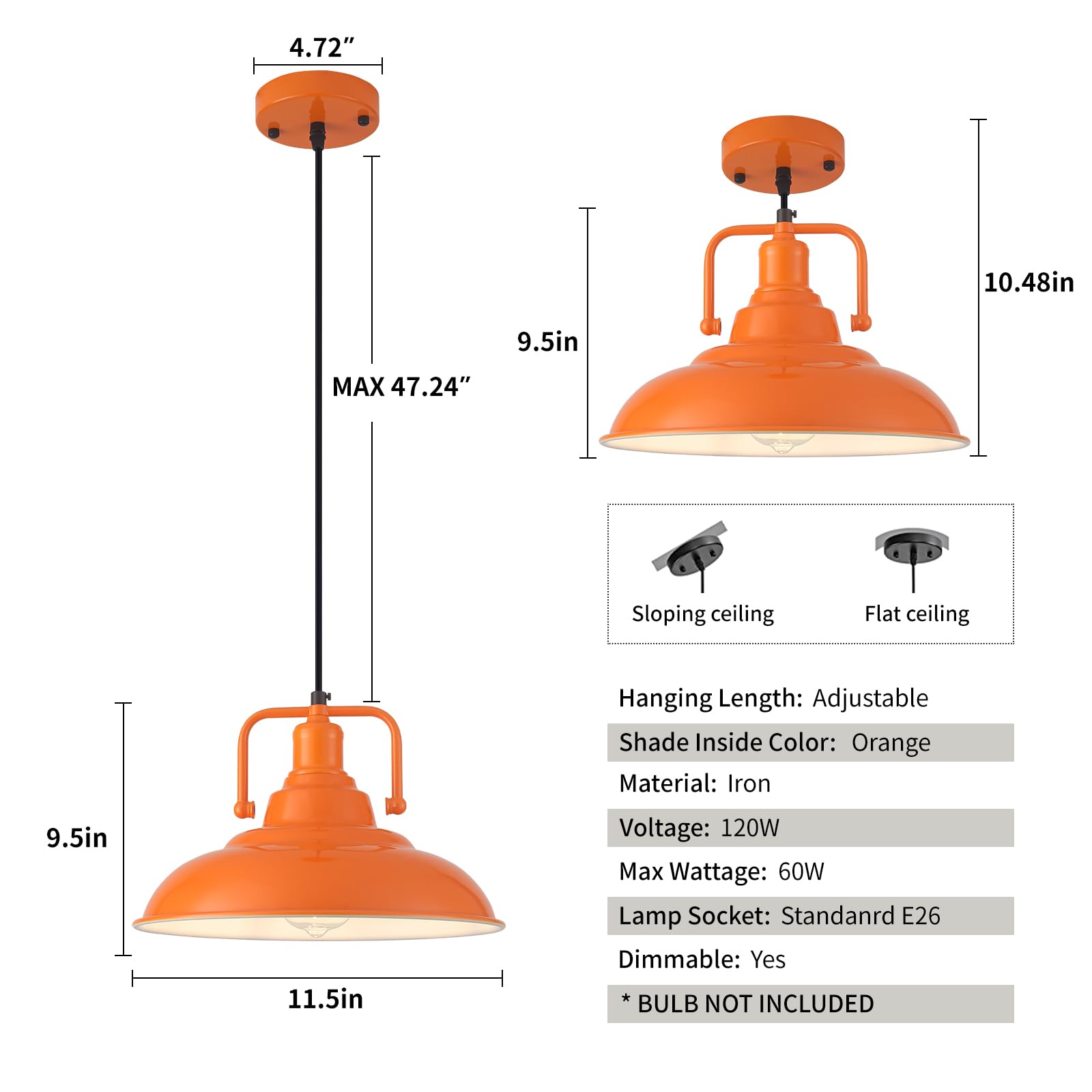 12.5" Orange Modern Farmhouse Pendant Light 2-Pack - Image 5