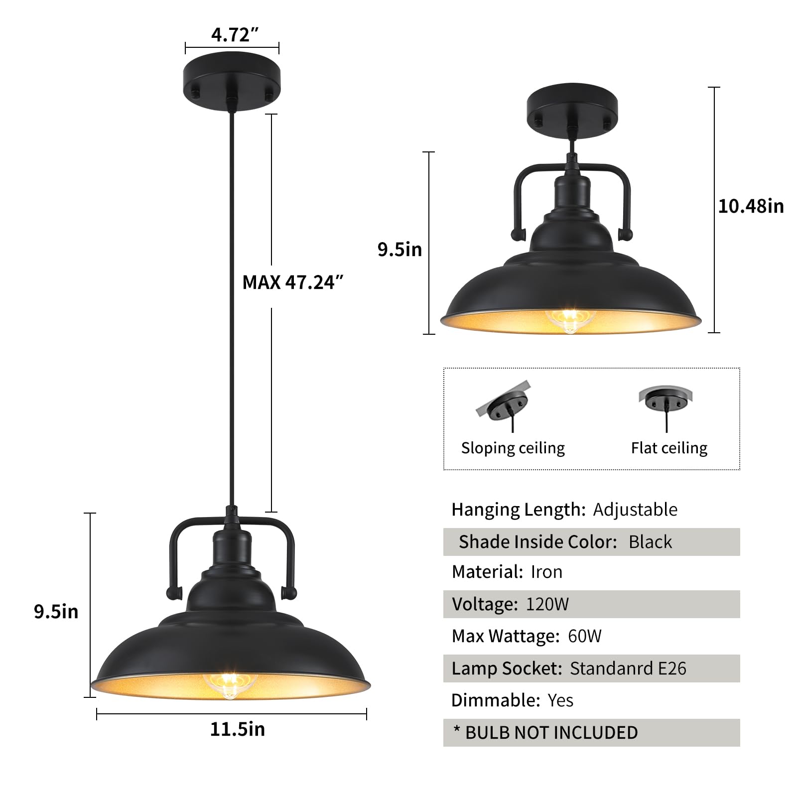 12.5" Black and Gold Farmhouse Pendant Light 2-Pack - Image 3