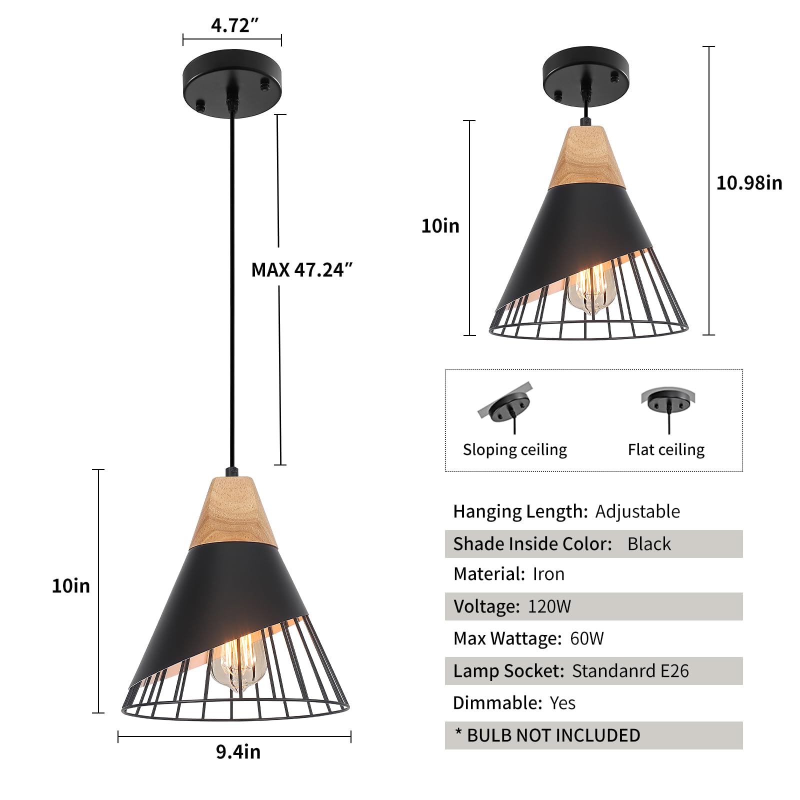9.4" Black Modern Farmhouse Pendant Light - Image 4