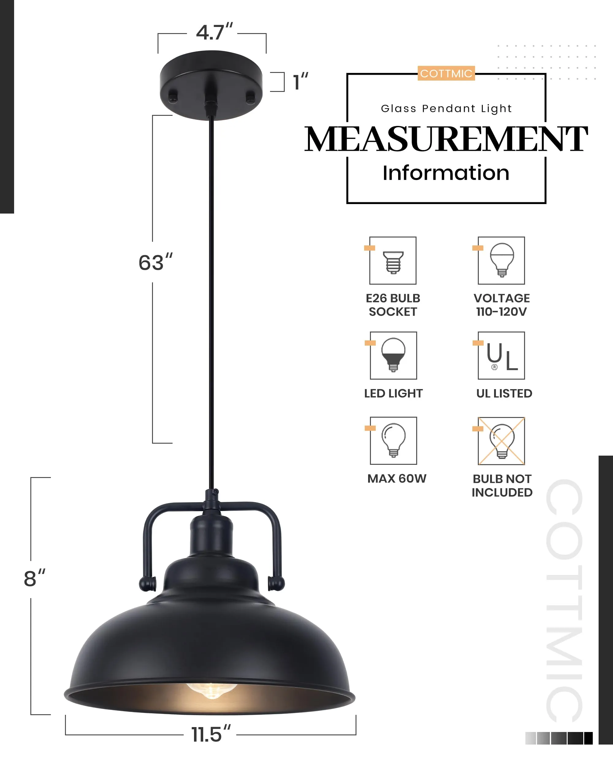 11.4" Black Farmhouse Industrial Pendant Light 3-Pack - Image 6