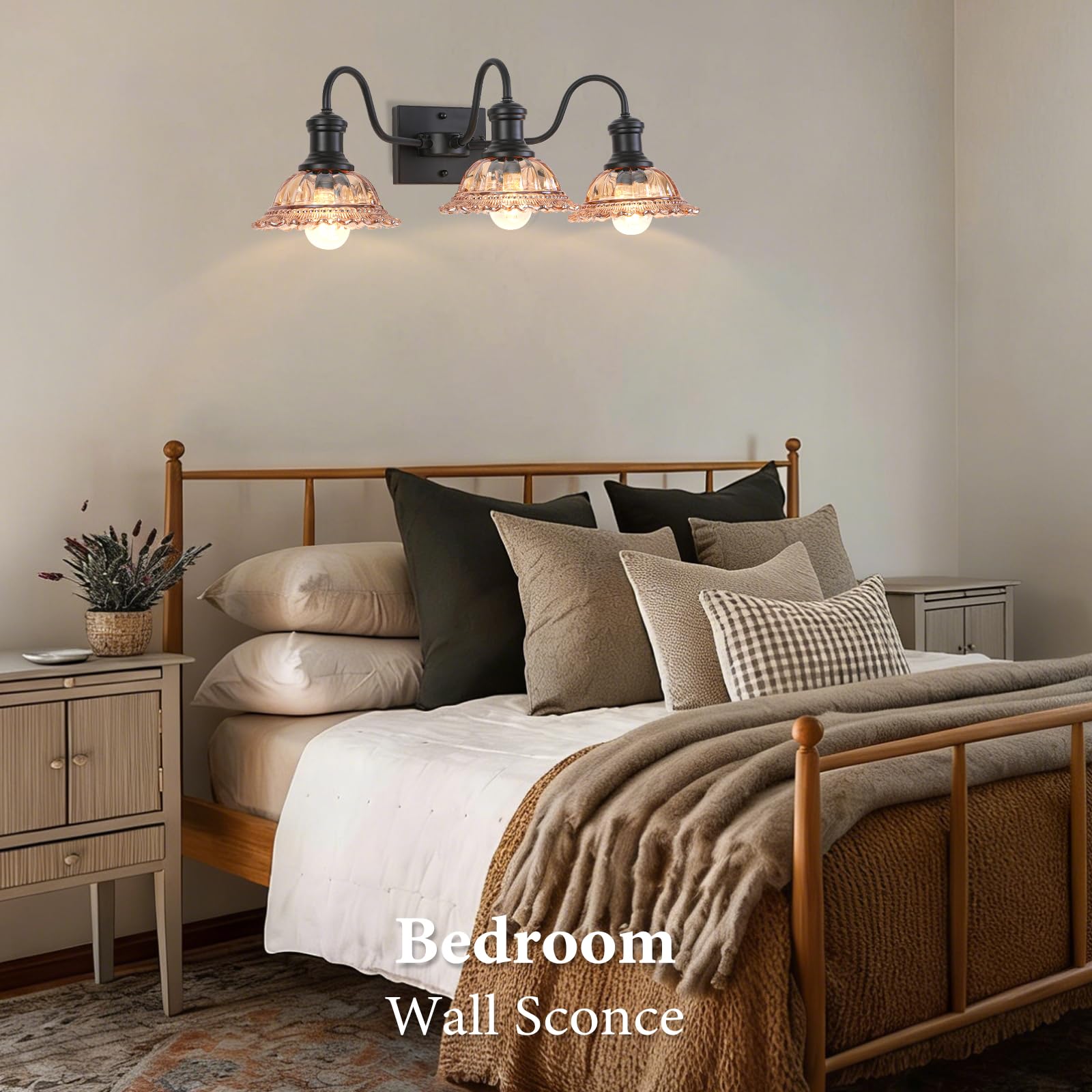 Farmhouse 3-Light Black Bathroom Light with Amber Glass Shade - Image 6